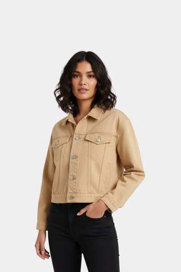 Beige - Cropped Denim Jacket