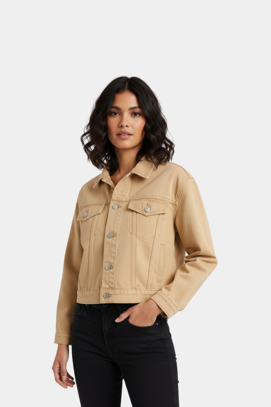 Beige - Cropped Denim Jacket